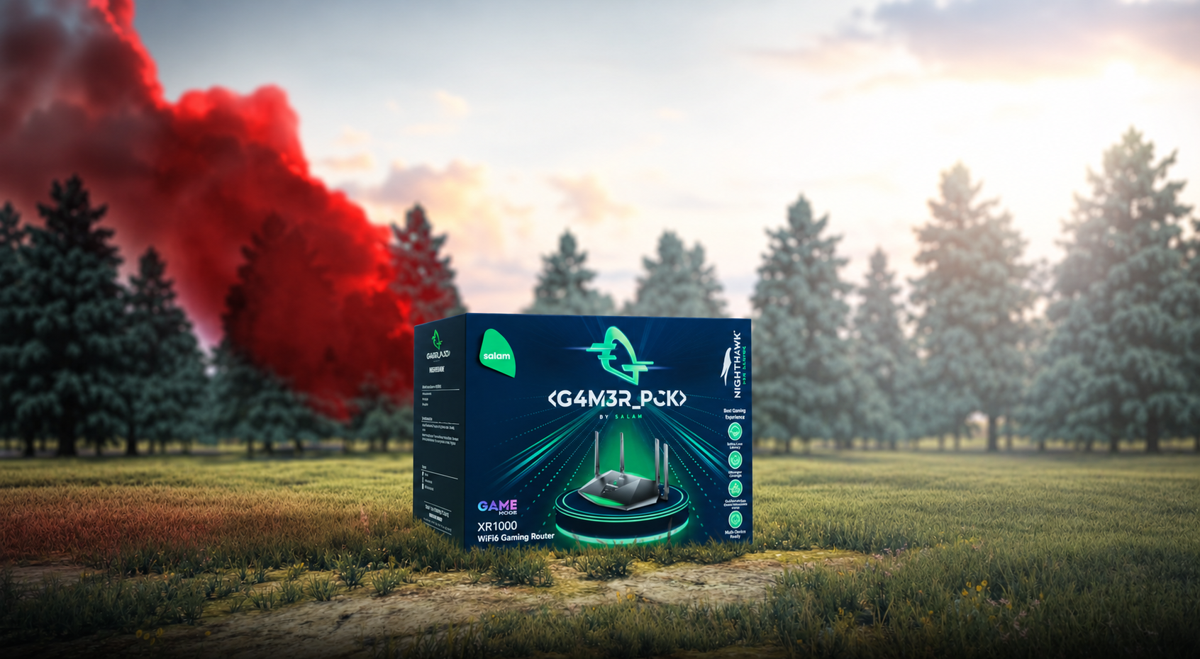Salam G4M3R_PCK router box dropped on a battlefield with red smoke