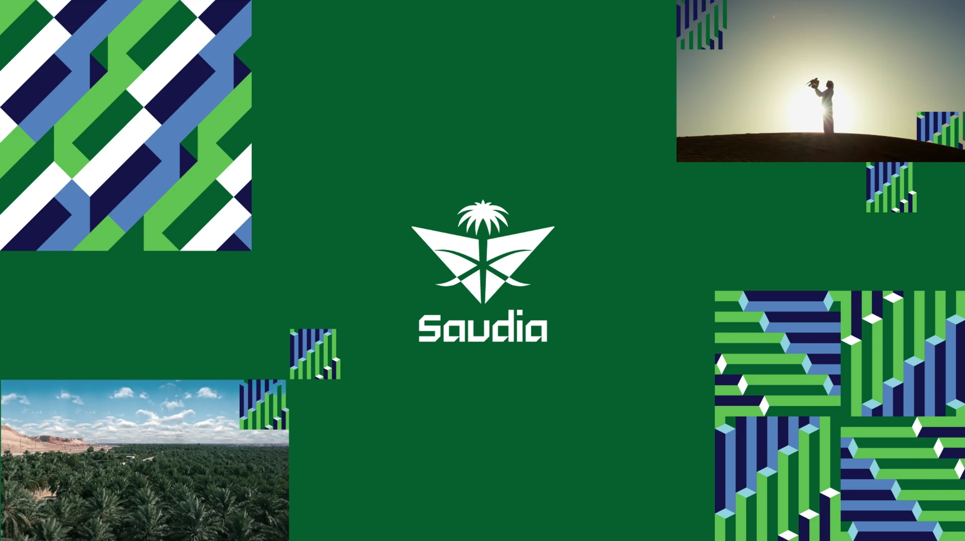 Saudia Boulevard takeover artwork with geometric patterns and film stills