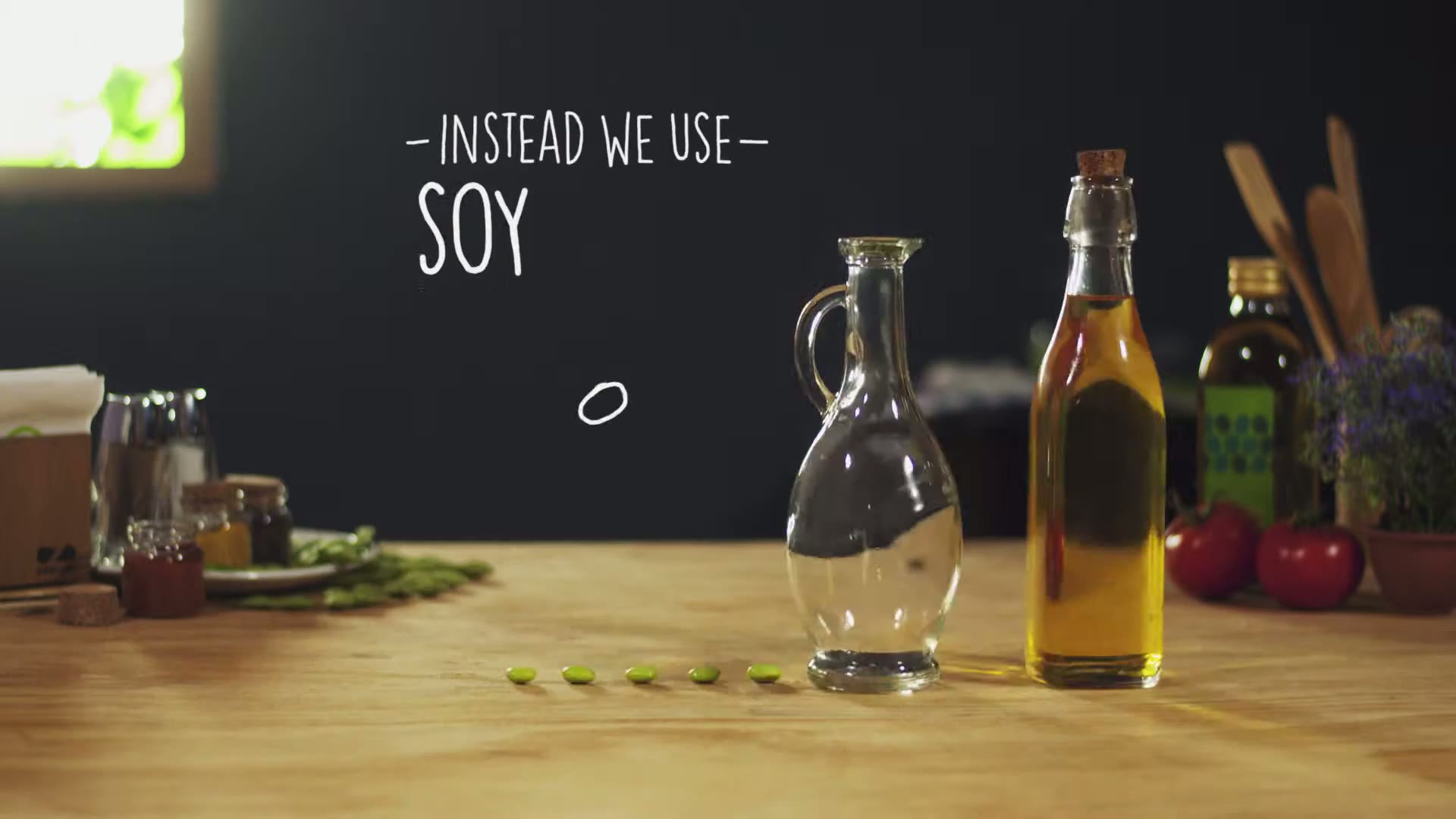 Zaatar W Zeit ad still , kitchen table with oil bottles and hand-drawn type