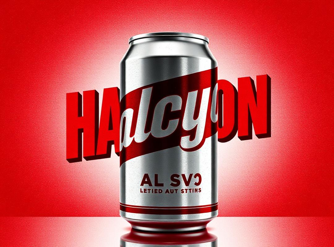 Halcyon rebrand poster , chrome can on red with bold typography