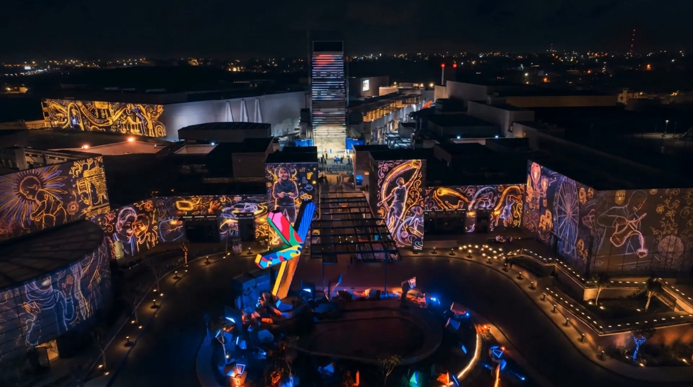 SEVEN Abha opening night , projection mapping across the plaza