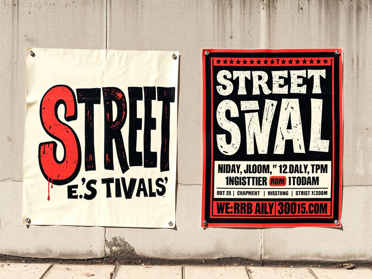 Static street festival , screen-printed posters on a concrete wall